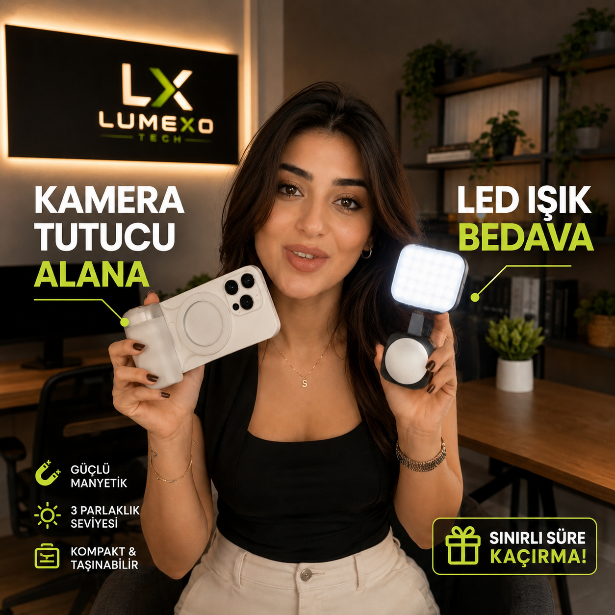 MagSafe Uyumlu Kamera Tutucu + LED Işık Hediyeli